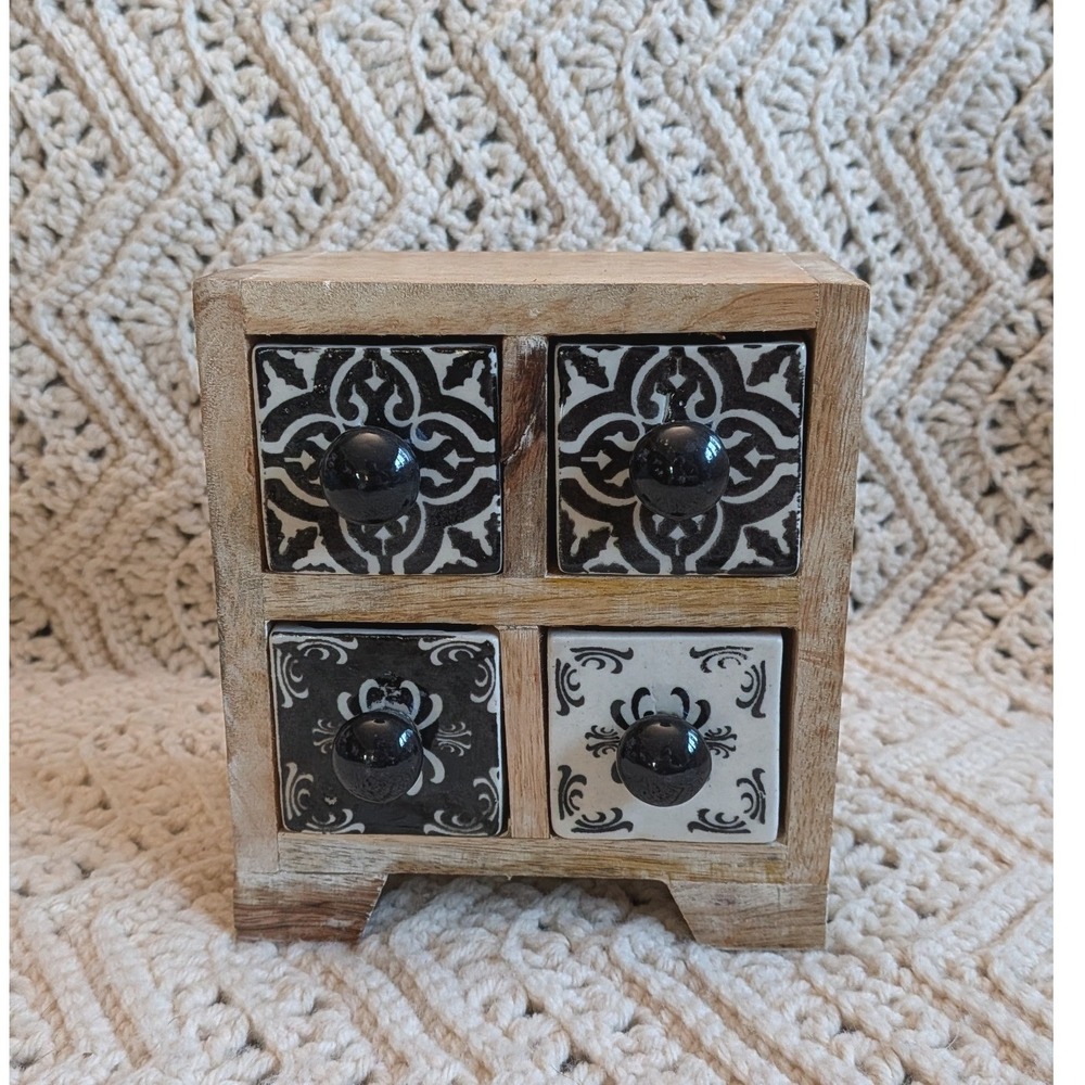 Rustic Wood Ceramic 4 Drawer Mini Jewelry Box Spice Chest Black White Boho